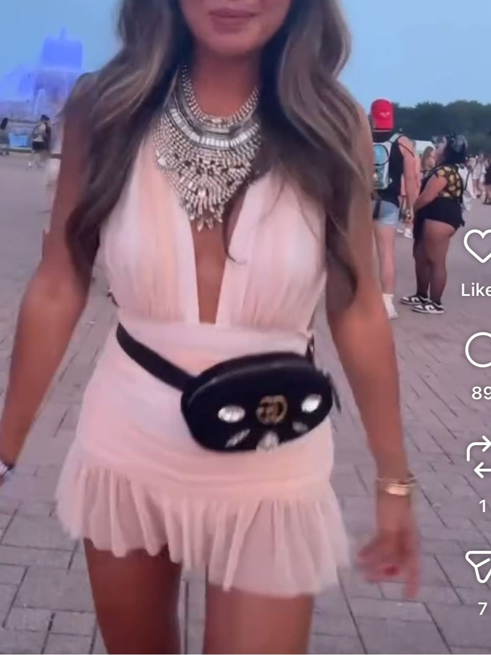Norma Kamali Pale Pink Plunging Ruffle Mini Dress with Statement Necklace